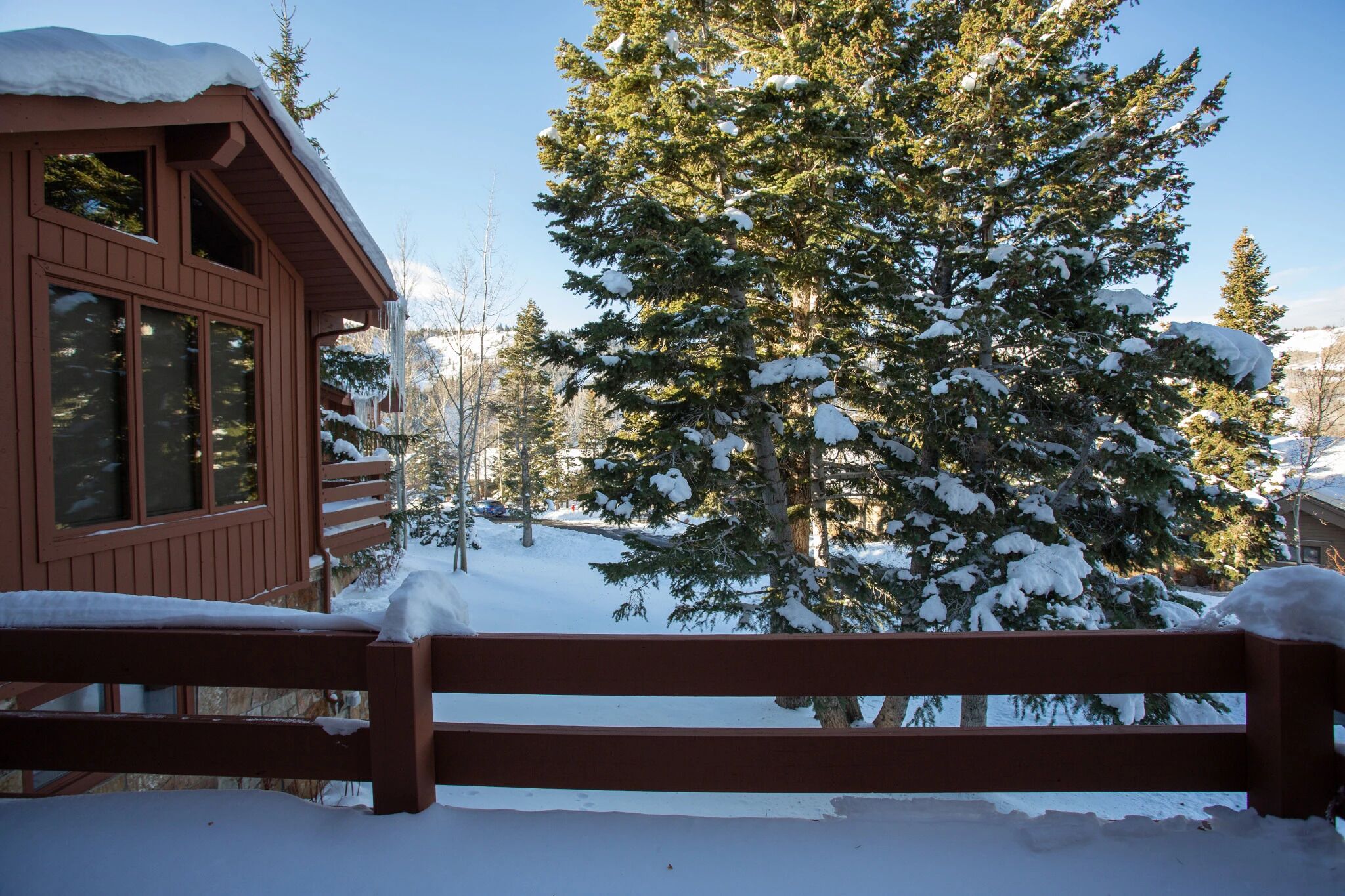 Una cabaña de madera con ventanas amplias y un techo cubierto de nieve, rodeada de árboles cargados de nieve.