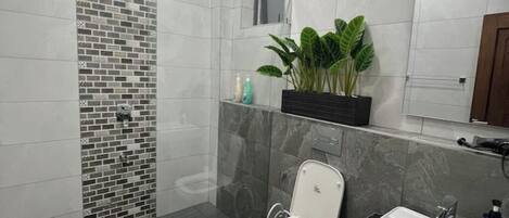 Shower, hair dryer, towels, soap