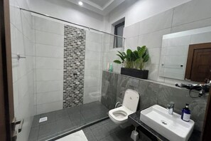 Shower, hair dryer, towels, soap