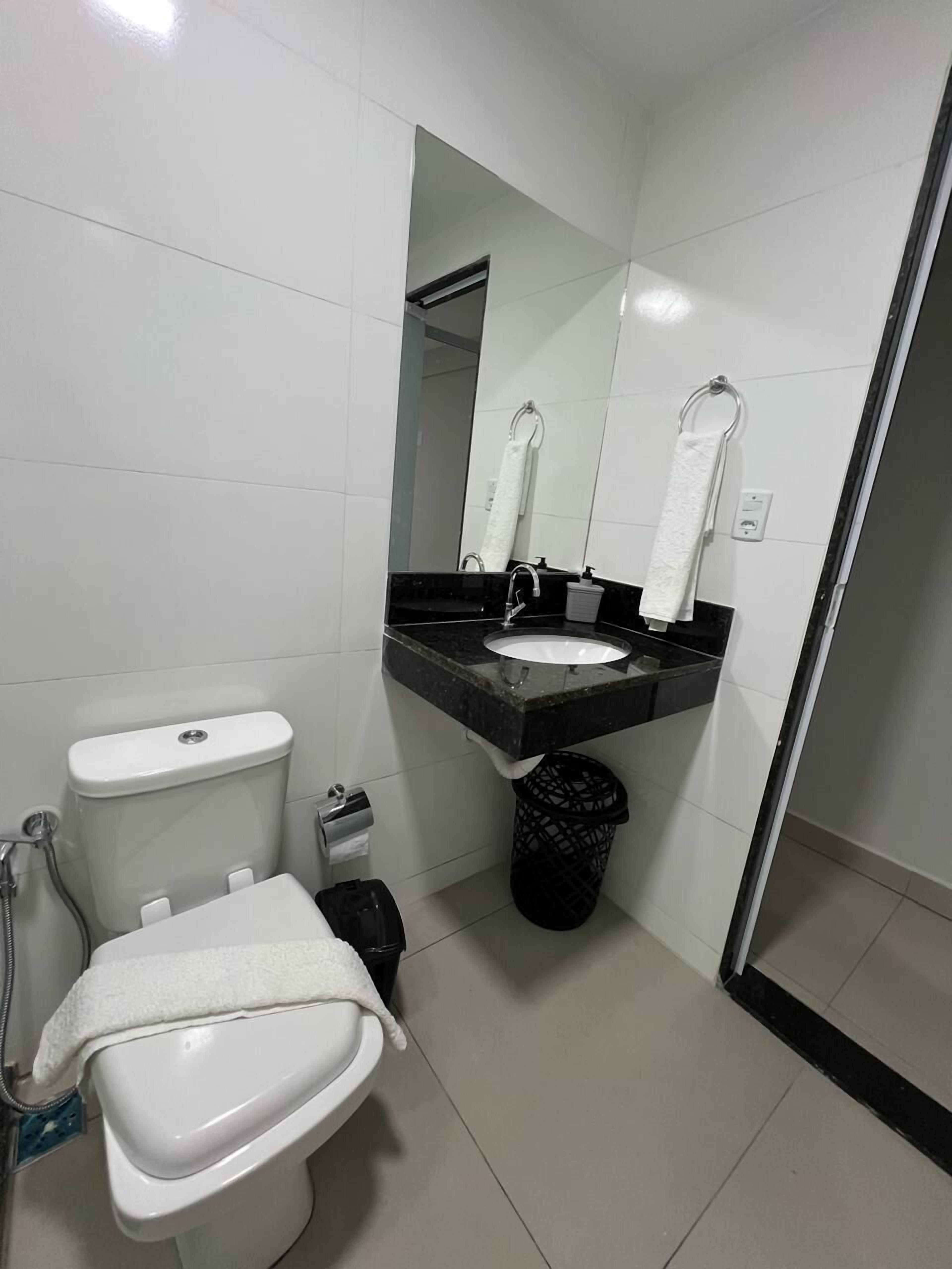A modern bathroom with a toilet, sink, and mirror.