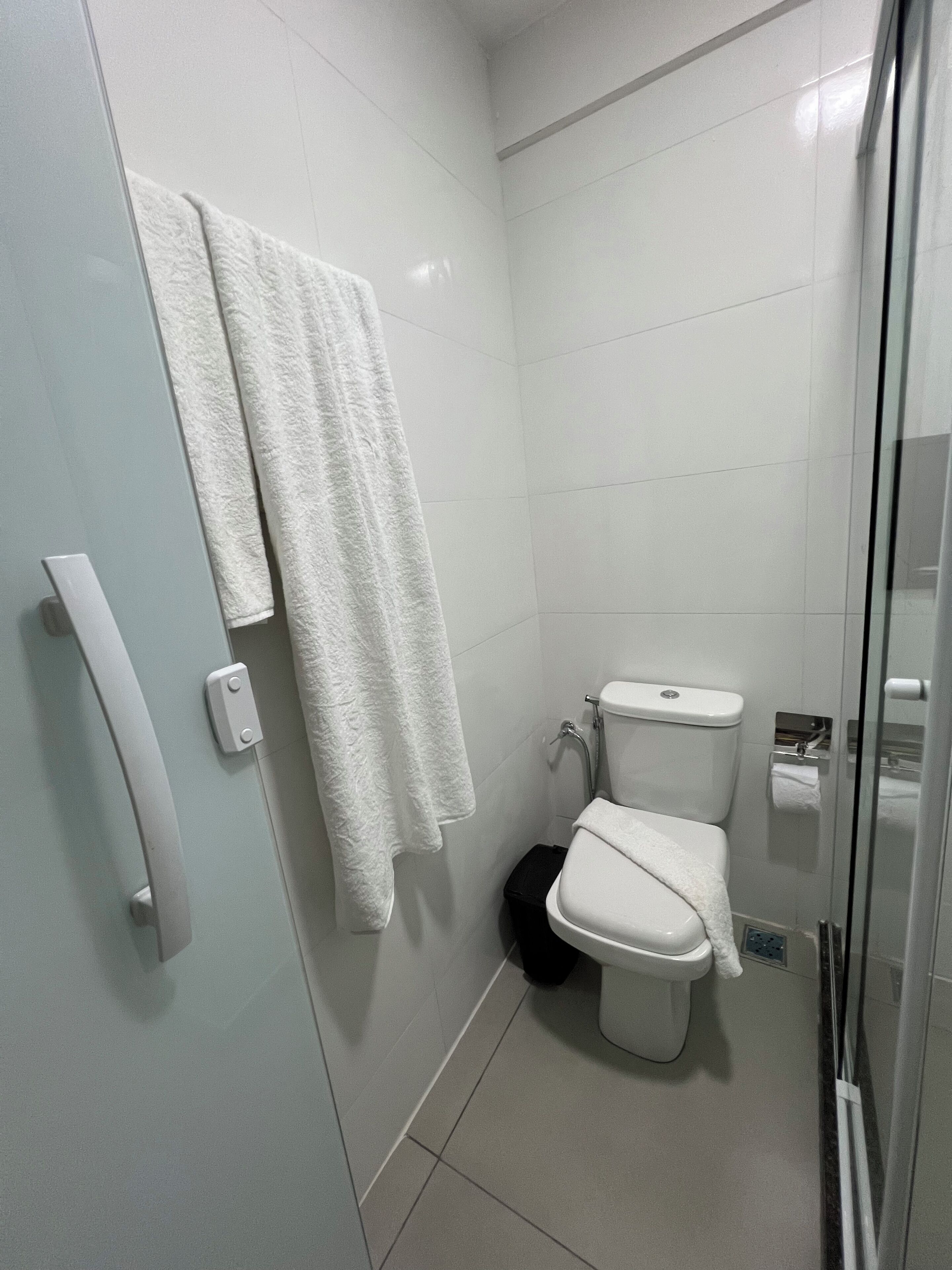 A bathroom with a toilet, a glass shower enclosure, and a towel rack with two towels.