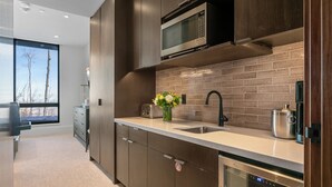 A modern kitchen with a brick backsplash, stainless steel appliances, and a large window offering a view of bare trees. - Argent At Deer Valley Resort - Hotel Room #105a Hotel Room (Park City)