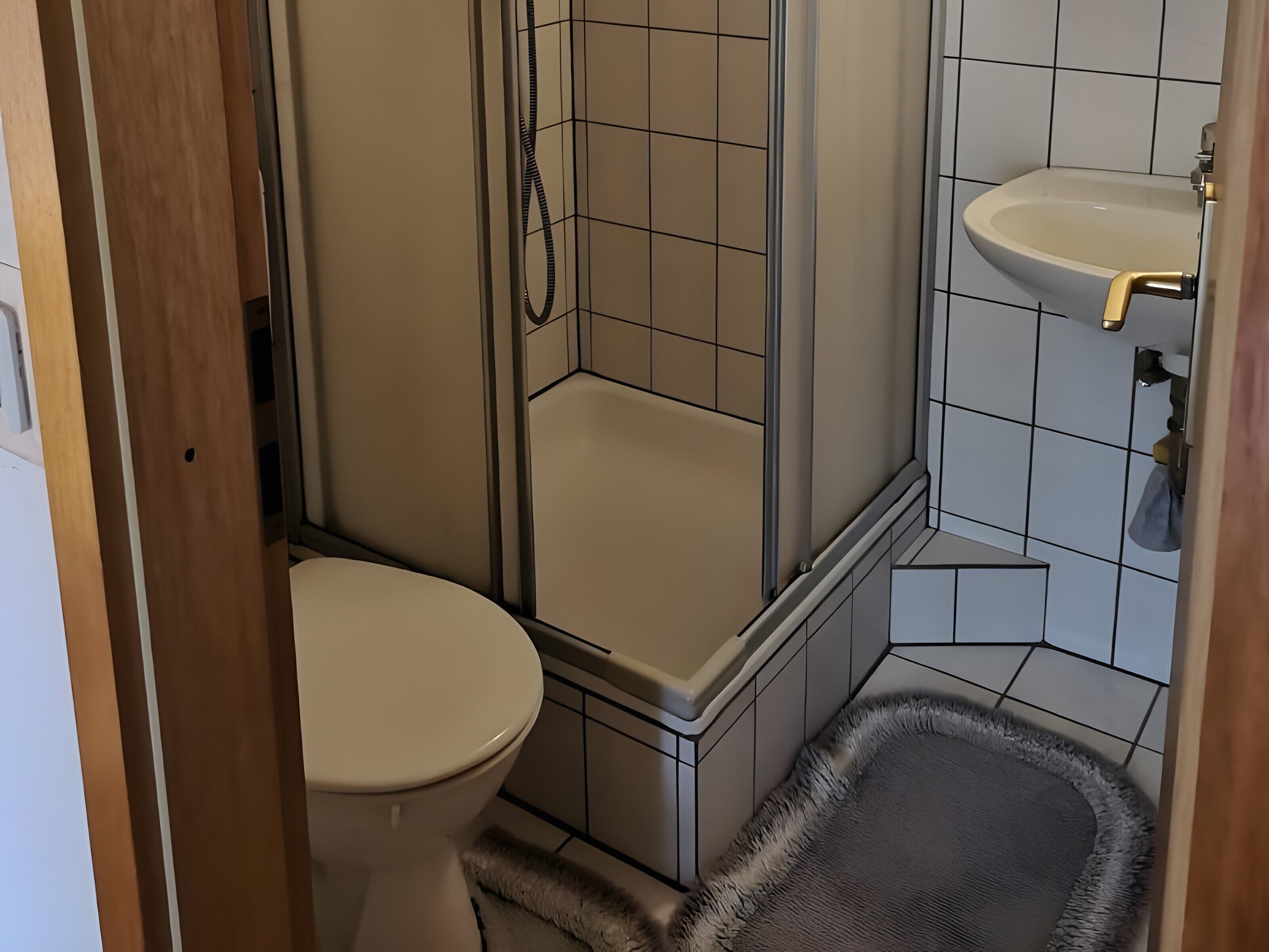Ein Badezimmer mit Toilette, Dusche und Waschbecken.
