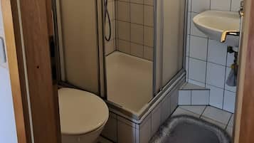 Ein Badezimmer mit Toilette, Dusche und Waschbecken.