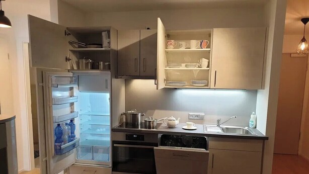 A compact kitchen with a built-in refrigerator, oven, and dishwasher. - Top equipped apartment in a central location in Freilassing (Freilassing)