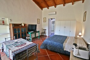 Una habitació amb llit, escriptori, cadira, radiador i armari.