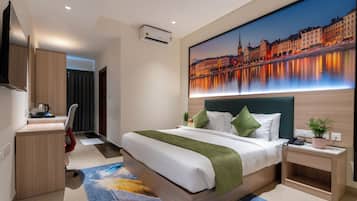 In-room safe, desk, laptop workspace, blackout curtains