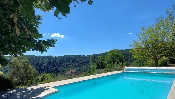 A swimming pool with a curved edge, surrounded by stone tiles, set against a backdrop of a forested hillside. - L'Annexe de la Bastide - Stone house with swimming pool (Ribes)