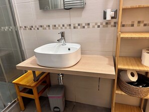 Hair dryer, bidet, towels, soap
