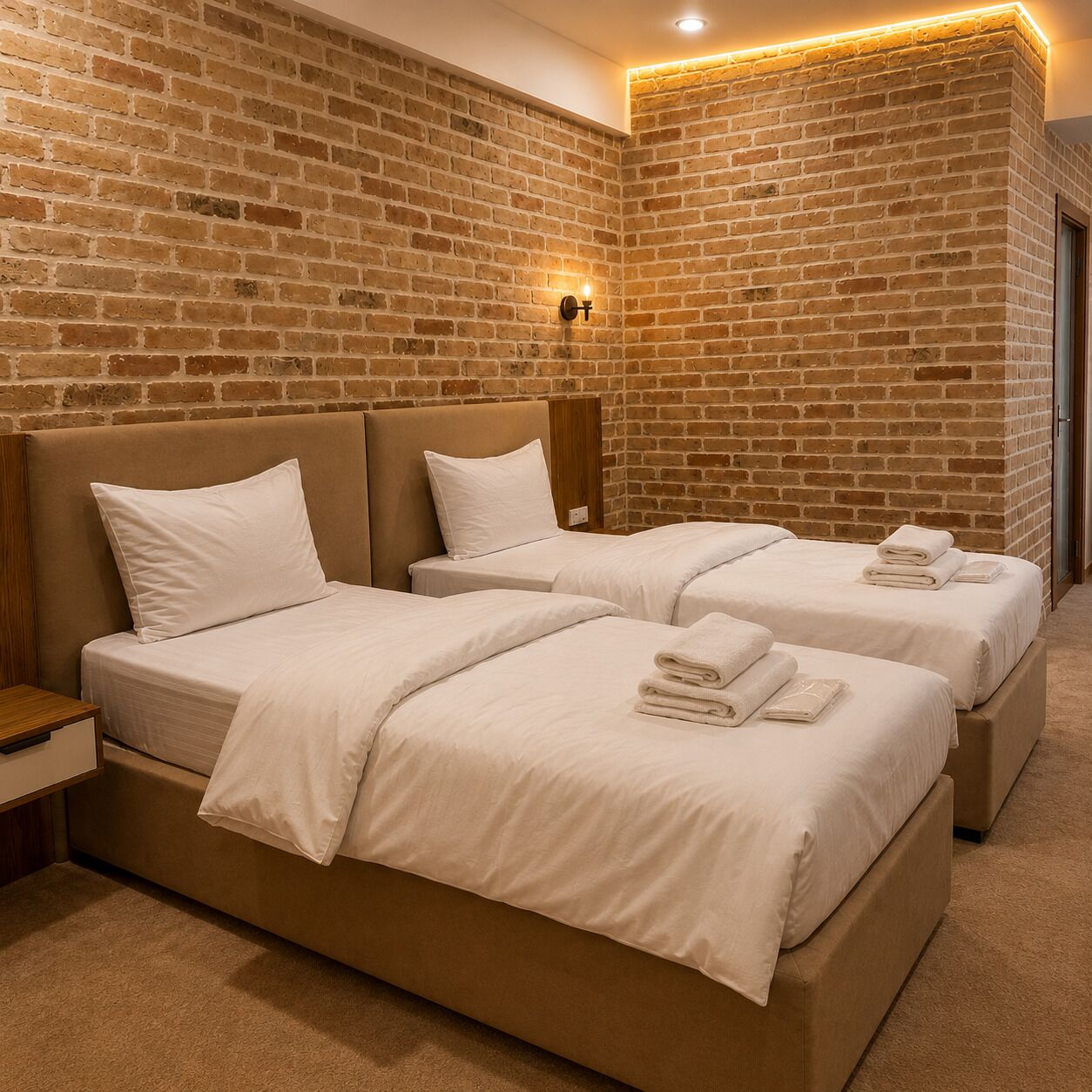 Habitación de hotel con pared de ladrillo, dos camas con sábanas blancas, una mesita de noche y una lámpara fijada a la pared.