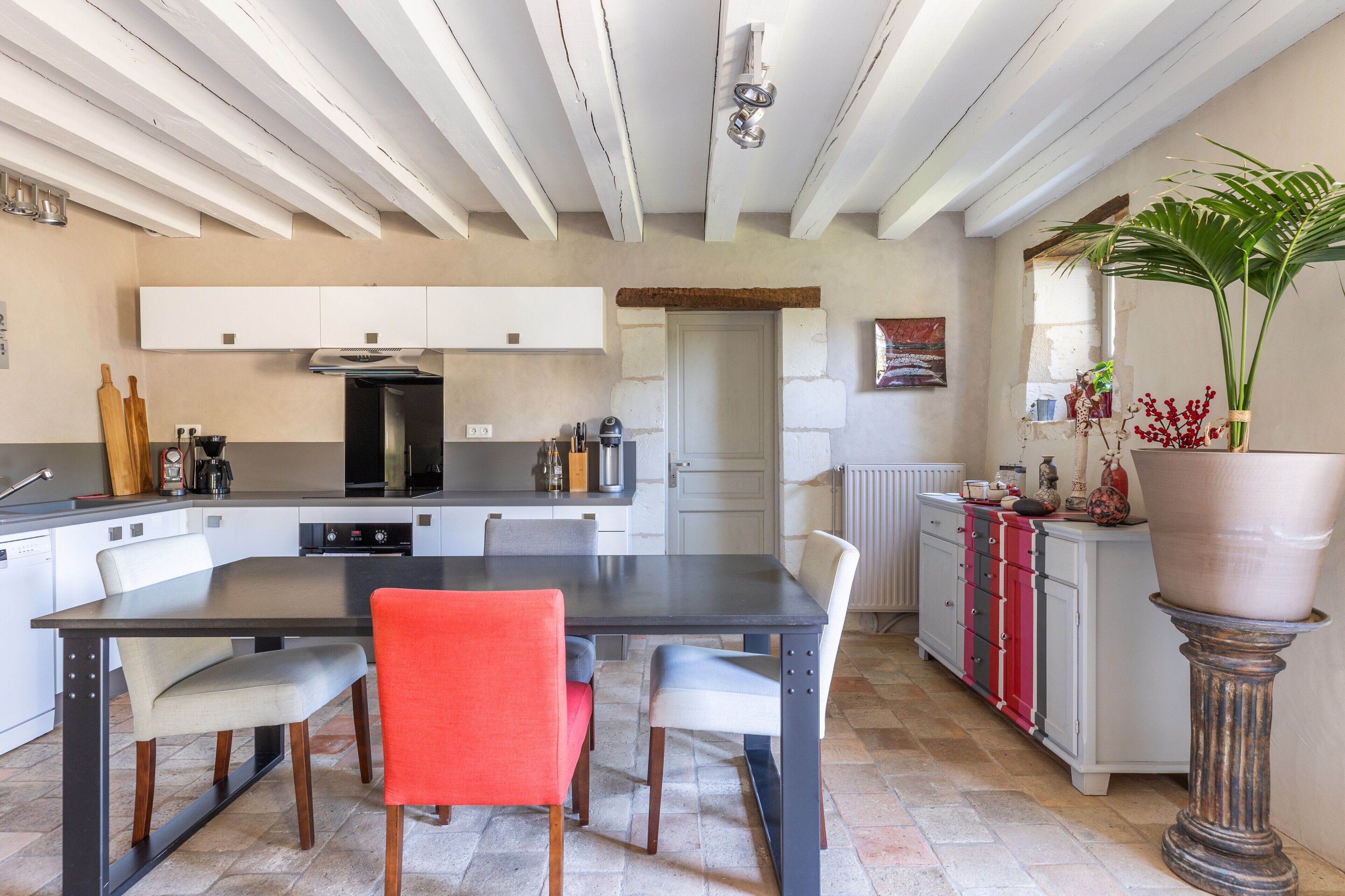 Une cuisine moderne avec des meubles blancs, un îlot central et une plante en pot.