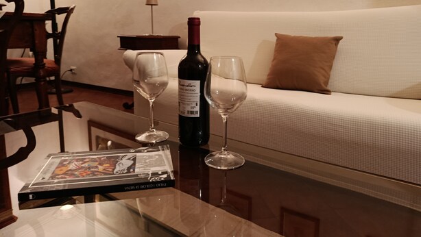 Un salon avec un canapé, deux verres à vin, une bouteille de vin et un magazine sur une table basse.