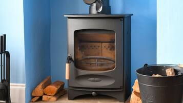 A wood-burning stove with a glass door, a chimney, and a bucket of firewood.