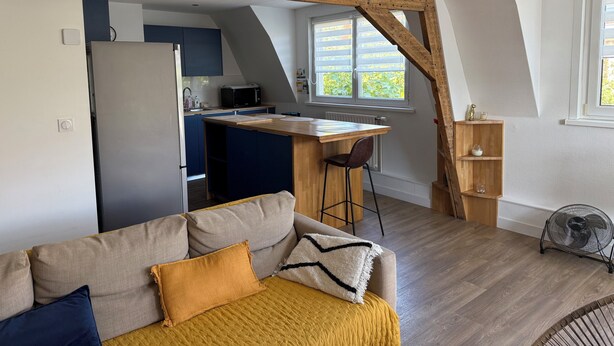 Een moderne loft met woonruimte, een keuken, een eethoek en een gezellige zithoek.