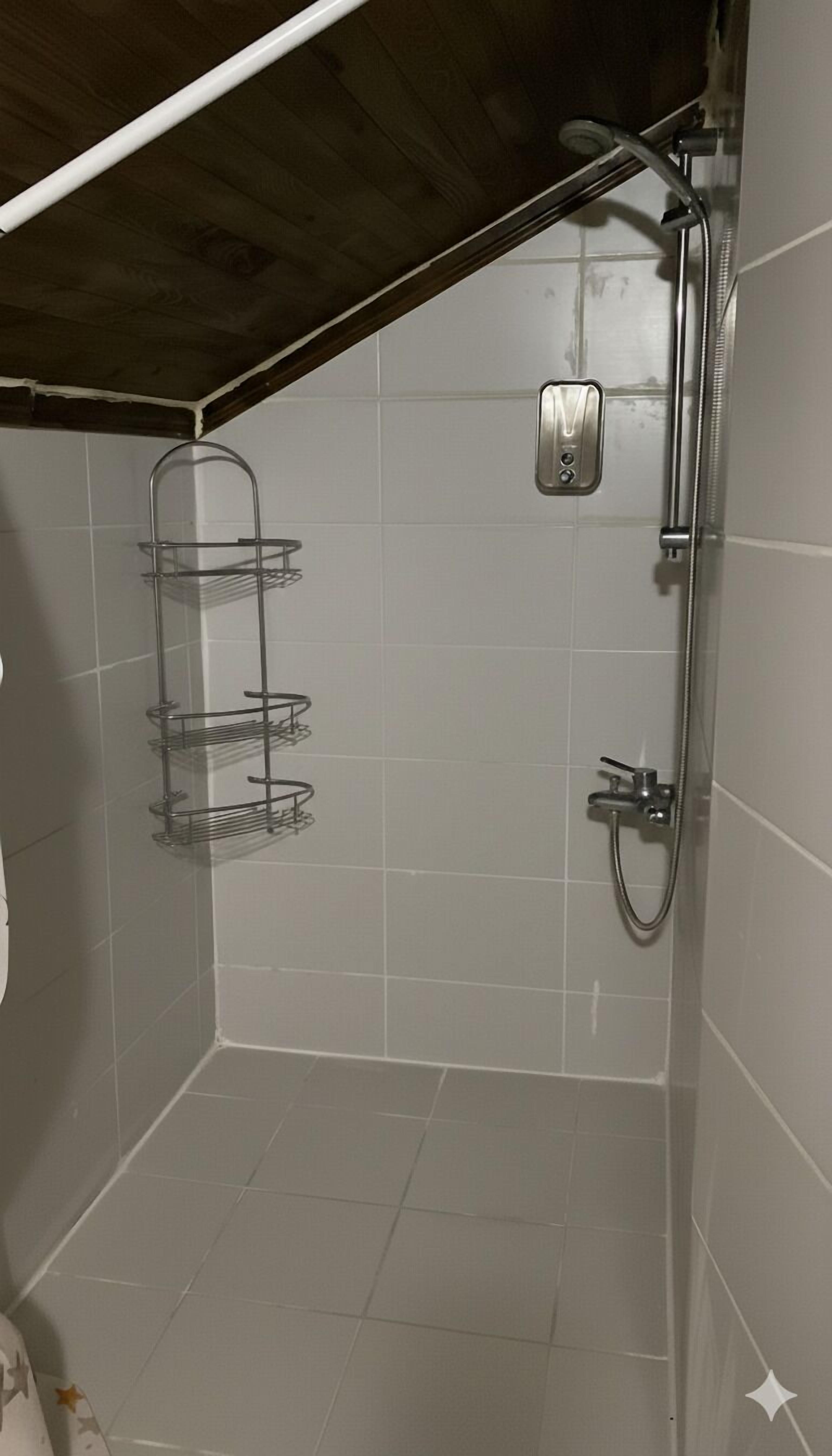 A small, tiled shower area with a metal rack, a handheld showerhead, and a faucet.