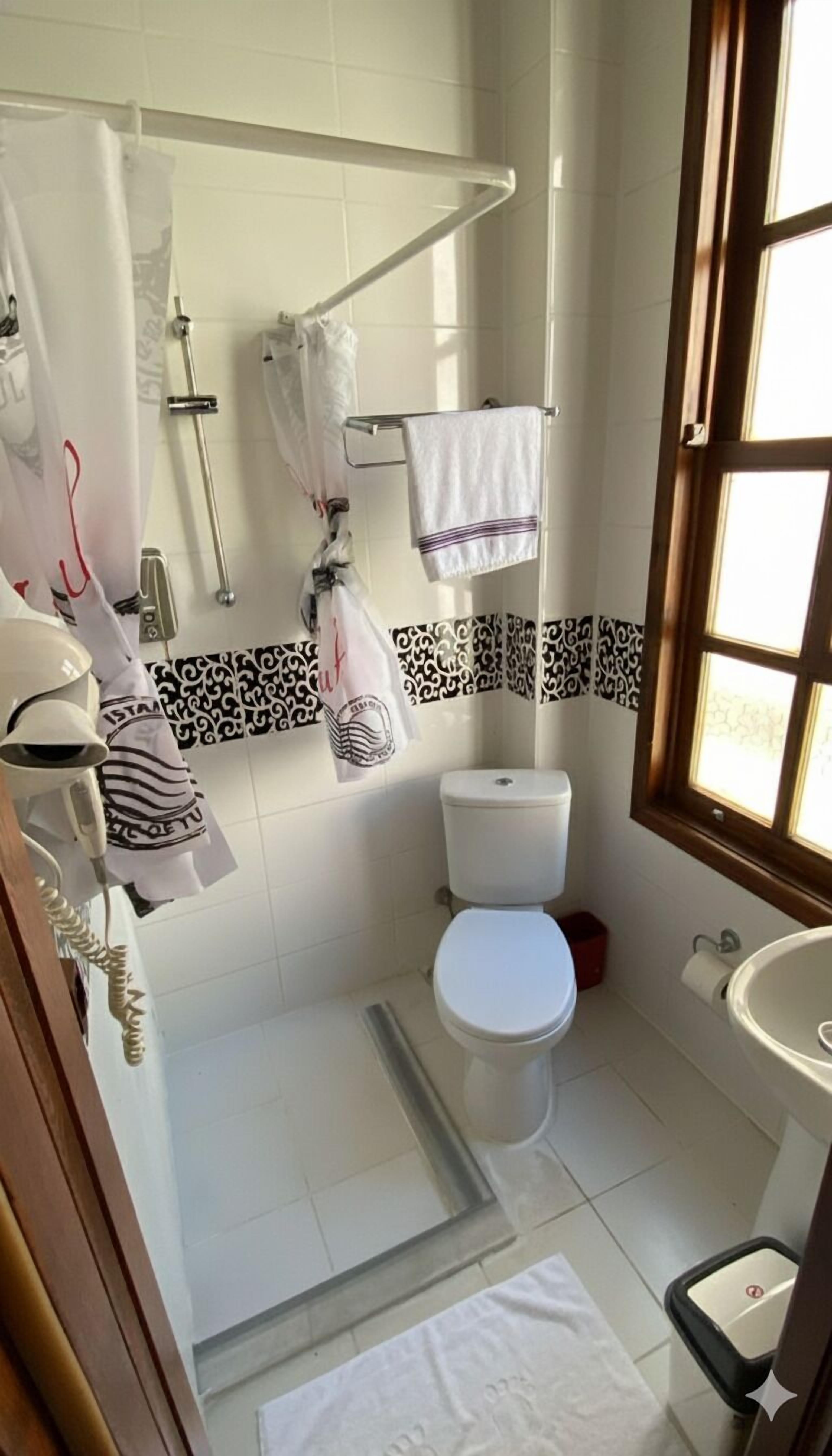 A compact bathroom with a toilet, sink, and shower area.