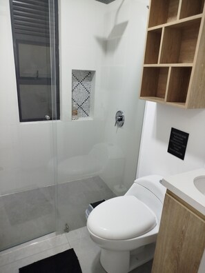 Un bagno con cabina doccia in vetro, un water bianco e un mobile bagno in legno con lavandino.