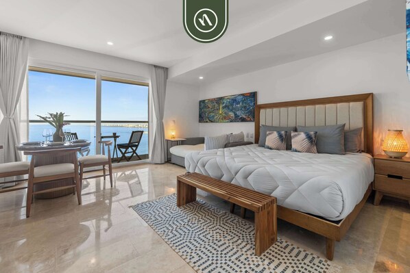 開放式客房, 1 張特大雙人床和 1 張沙發床, 廚房, 海景 (Harbor 171 Torre Norte TNU11) | 1 間臥室、獨特裝潢、布置獨特、床單