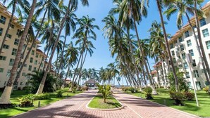 A hotel with a central pathway flanked by palm trees and buildings. - Beachfront 2BR Condo - Pool - Blue Flag Beach (Nuevo Nayarit)