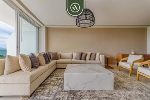 Condo, Multiple Beds, Kitchen, Ocean View (Bolongo - 309) | Living area - New 3BR Condo - Oceanview Terrace - Private Beach (Punta de Mita)