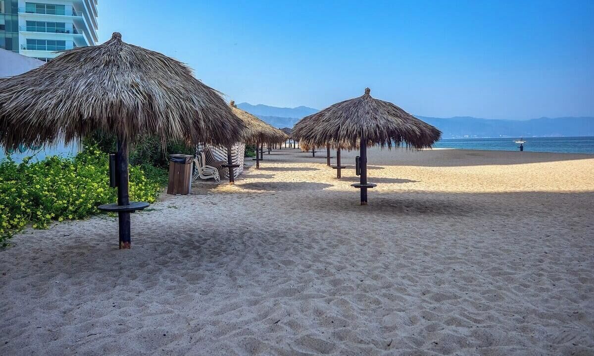 Una playa con sombrillas de paja y una vista despejada del mar.