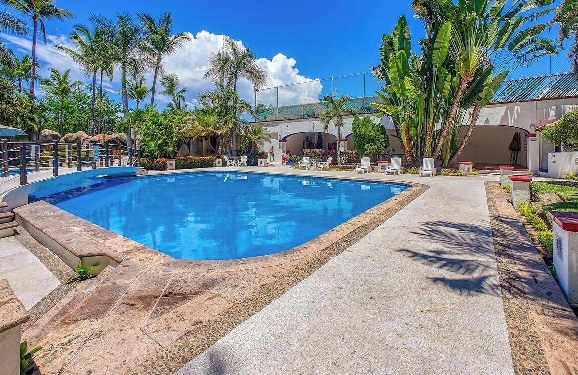 Una piscina rodeada de palmeras y sillas de descanso.
