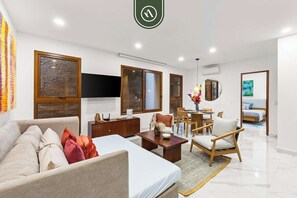 Condo, 1 King Bed with Sofa bed, Pool Access, Ocean View (Luz 203) | Living area - New 1 BR Condo - Rooftop Pool - Romantic Zone (Puerto Vallarta)