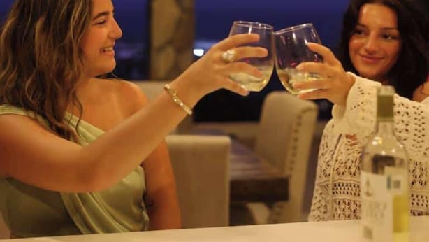 Deux personnes trinquent avec des verres à vin autour d’une table où se trouve une bouteille de vin.