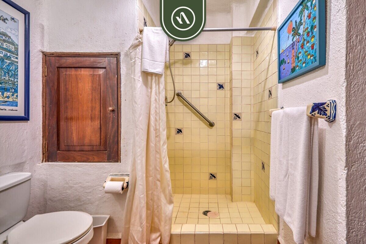 A bathroom with a toilet, a shower with a handrail, a wooden door, and a tiled wall with a painting.