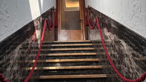 A grand staircase with marble steps and red ropes, leading to a wooden door with a glass panel.