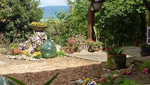 A garden with a variety of plants and flowers, a large green vase, and a stone pathway.