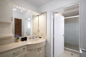 Hair dryer, towels, soap, toilet paper