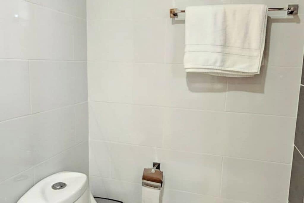 Hair dryer, towels, soap, toilet paper