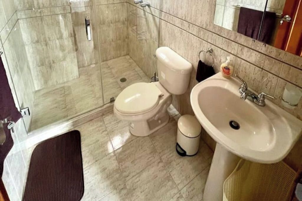 Hair dryer, towels, soap, toilet paper
