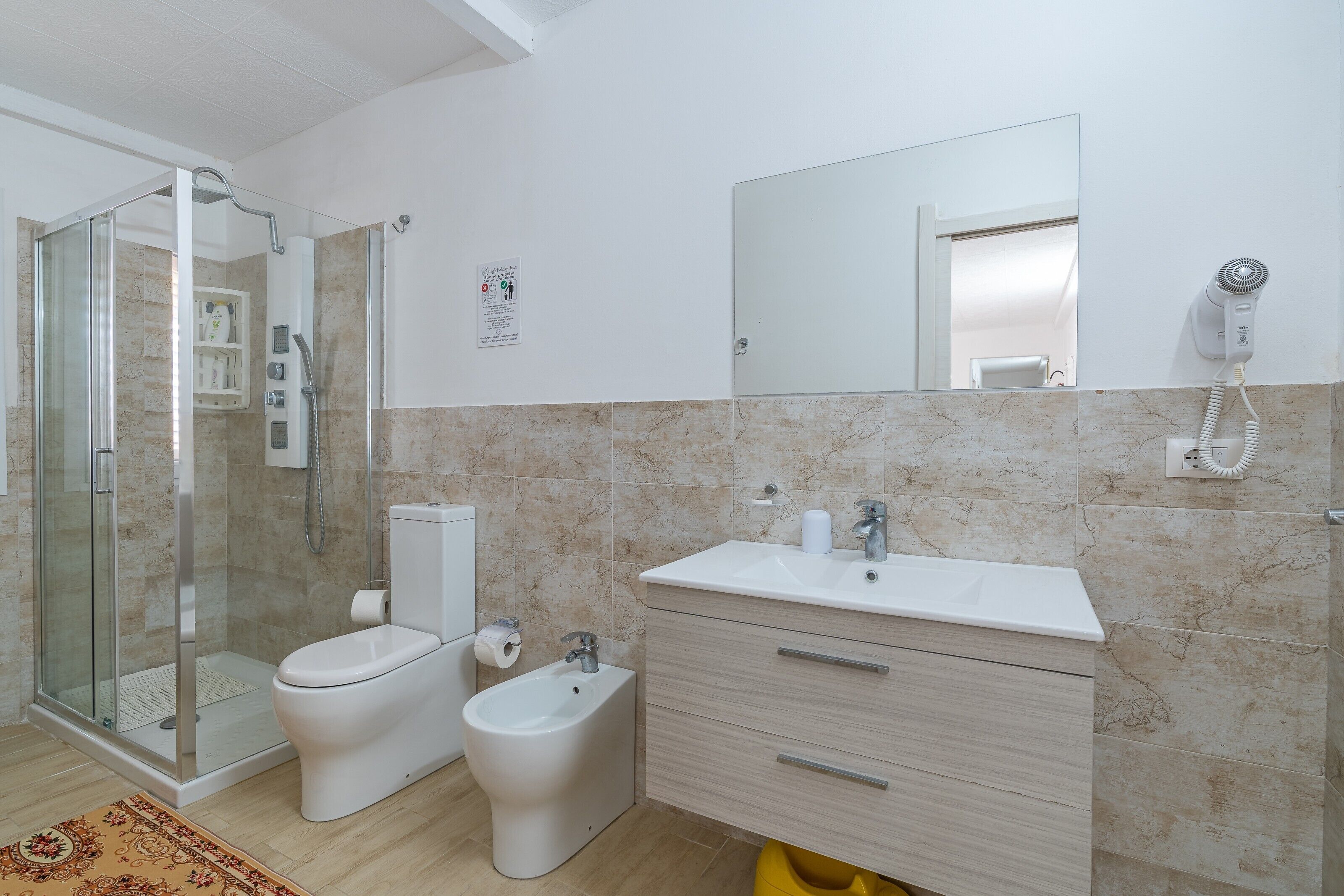 Shower, hair dryer, towels