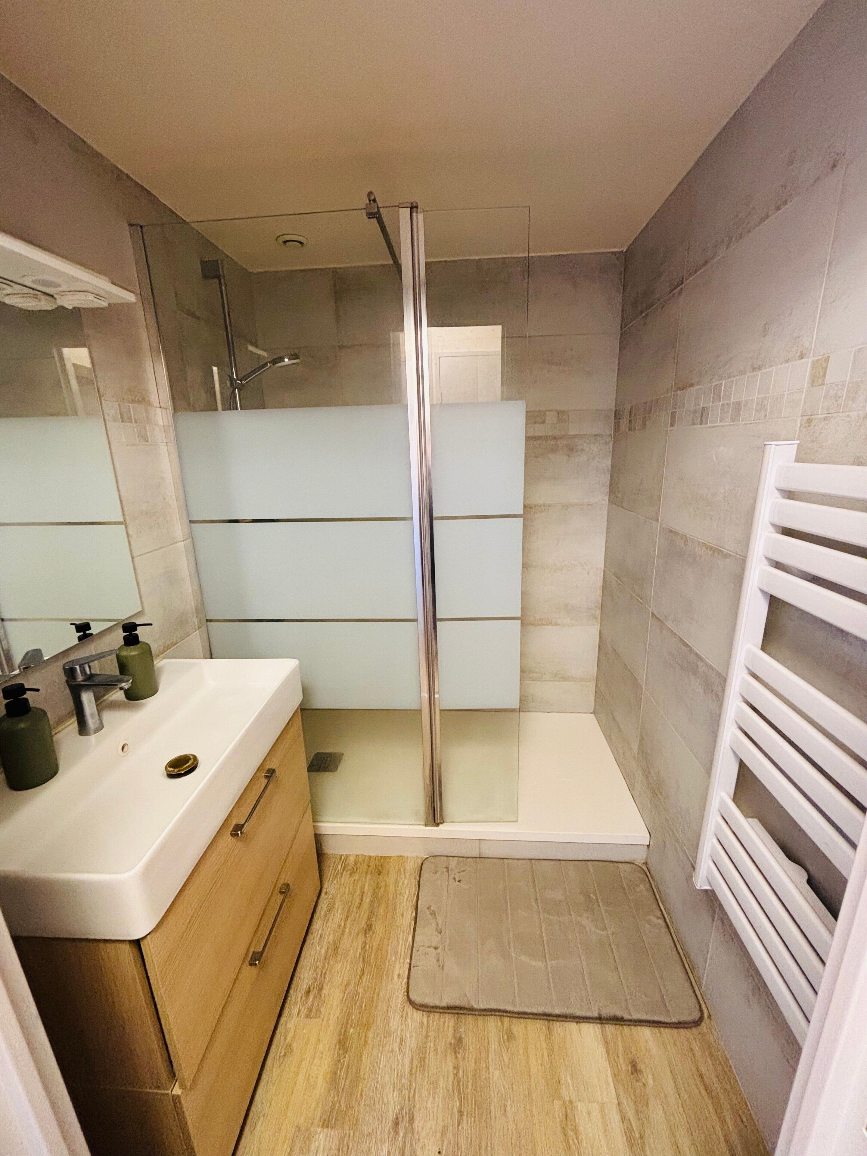 Shower, hair dryer, towels