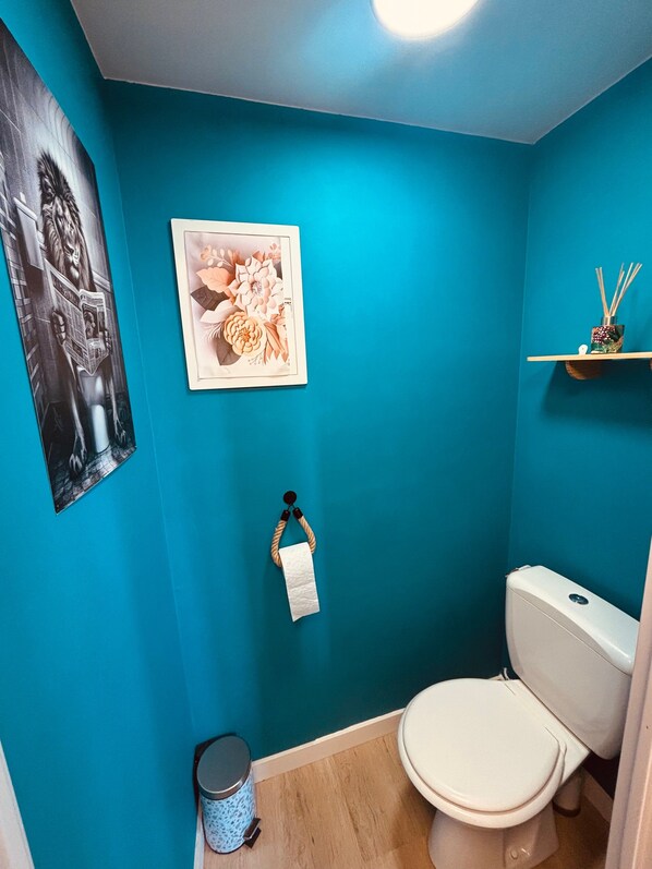 Un baño con paredes verde azulado, un inodoro, un cubo de basura, un dispensador de papel higiénico y un estante con un objeto decorativo.