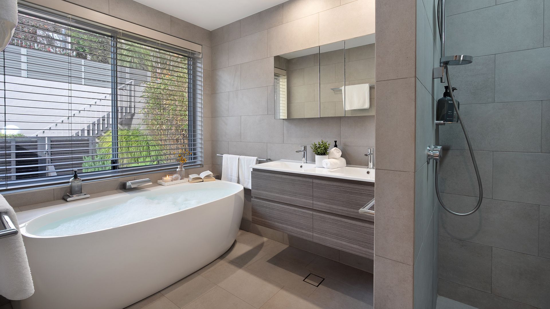 Shower, hair dryer, towels