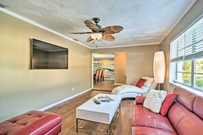 TV, fireplace, books