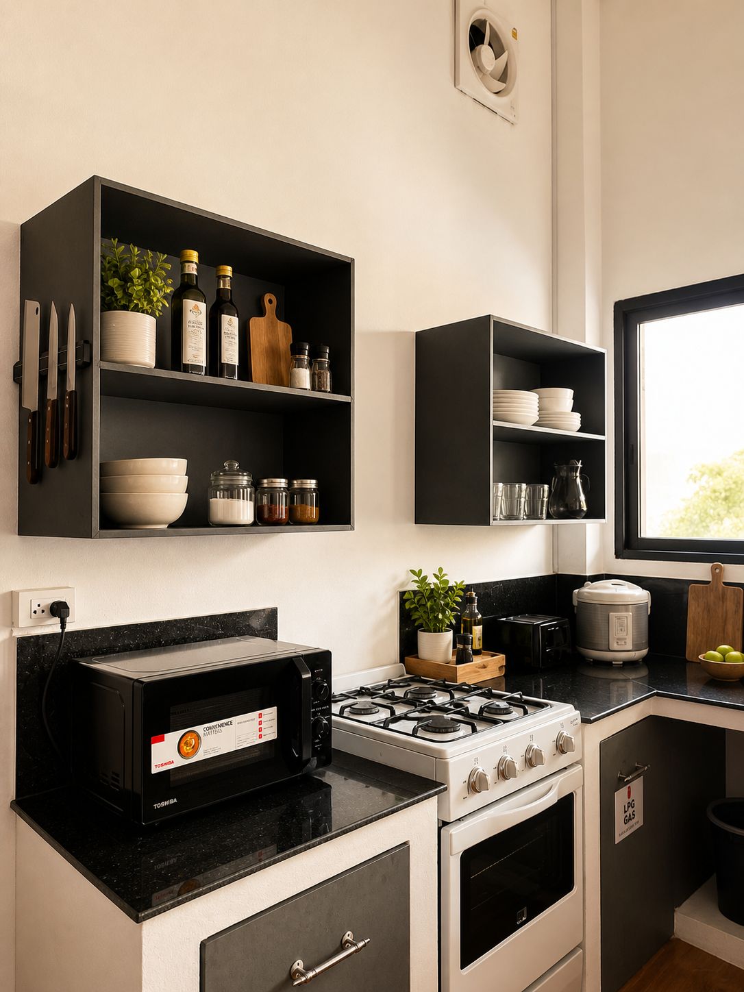 Eine moderne Küche mit schwarzen und weißen Schränken, einem Gasherd, einem Toaster und verschiedenen Küchenutensilien.
