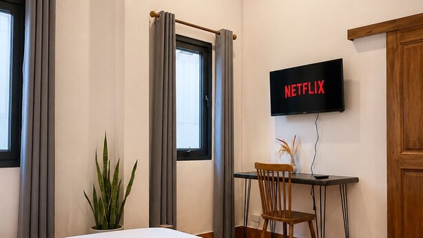 Habitación de hotel con cama, escritorio con silla, televisor mostrando 'NETFLIX' y una planta en maceta.