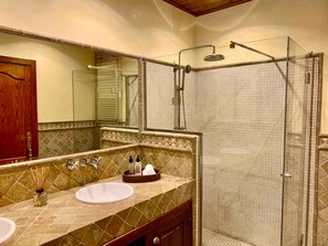 Shower, free toiletries, hair dryer, towels