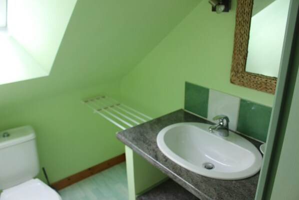 A bathroom with a white sink, green walls, a towel rack, and a mirror.