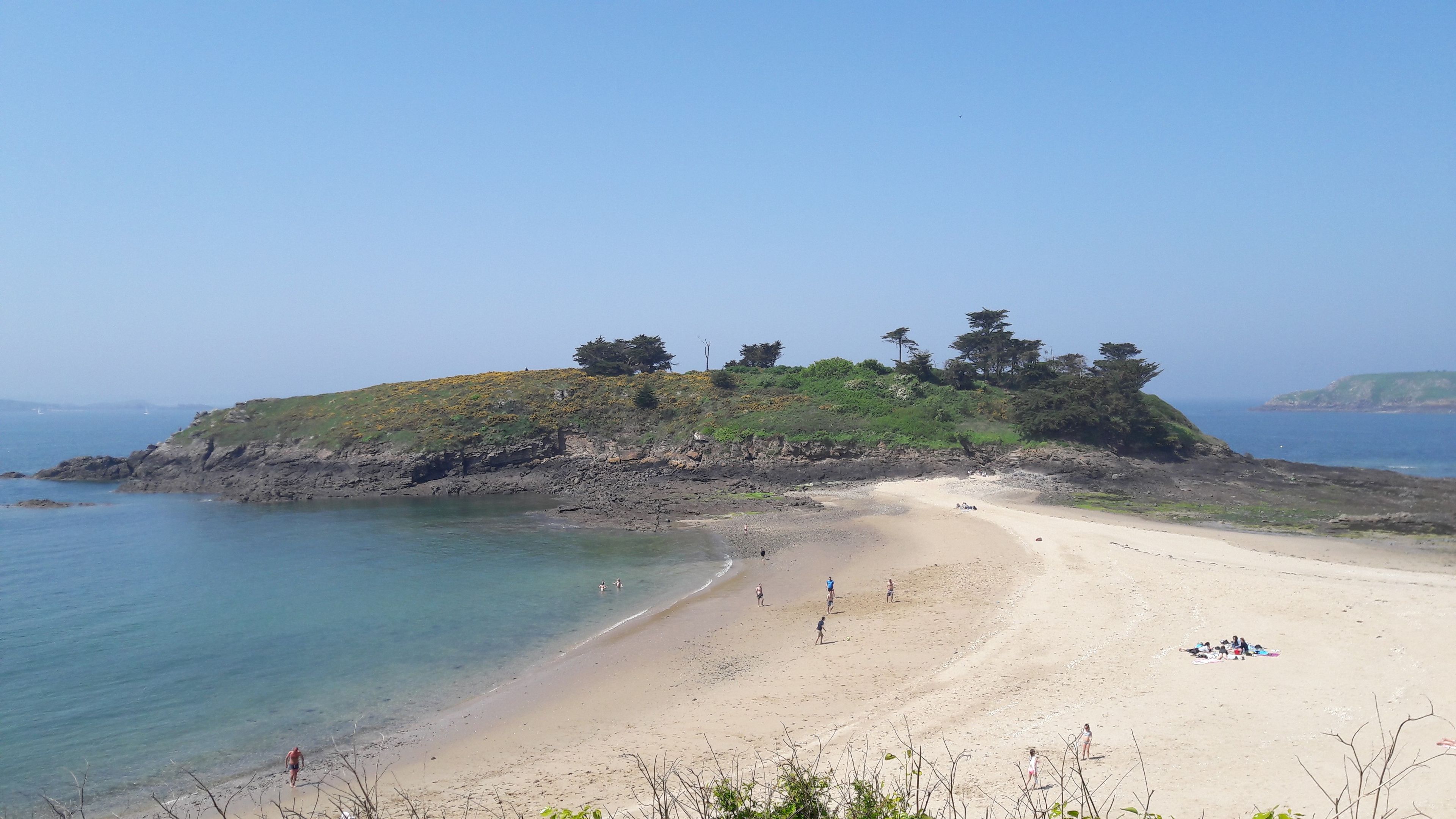 A beach with a sandy shore, a small hill with trees, and calm water.