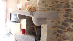 Una chimenea de piedra con un televisor sobre un soporte a la izquierda.