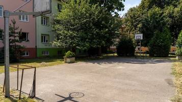 Cancha de baloncesto al aire libre con aro, rodeada de árboles y edificios.