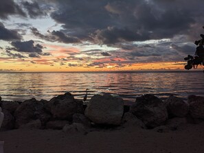 On the beach, sun loungers, beach towels