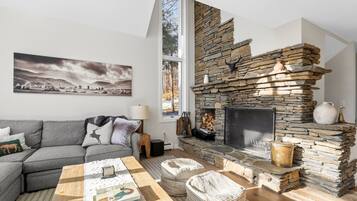 Smart TV, caminetto, libri, impianto stereo