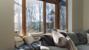 Smart TV, caminetto, libri, impianto stereo