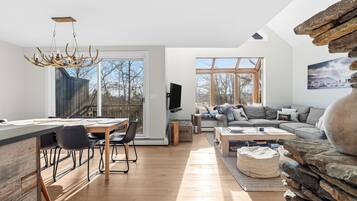 Smart TV, fireplace, books, stereo